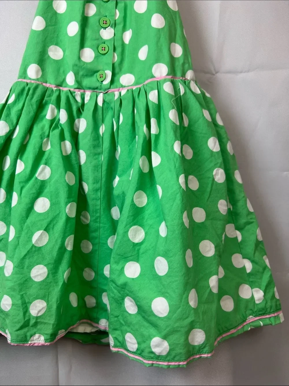 Mini Boden green and white polkadot smocked back halter dress Peter Pan collar